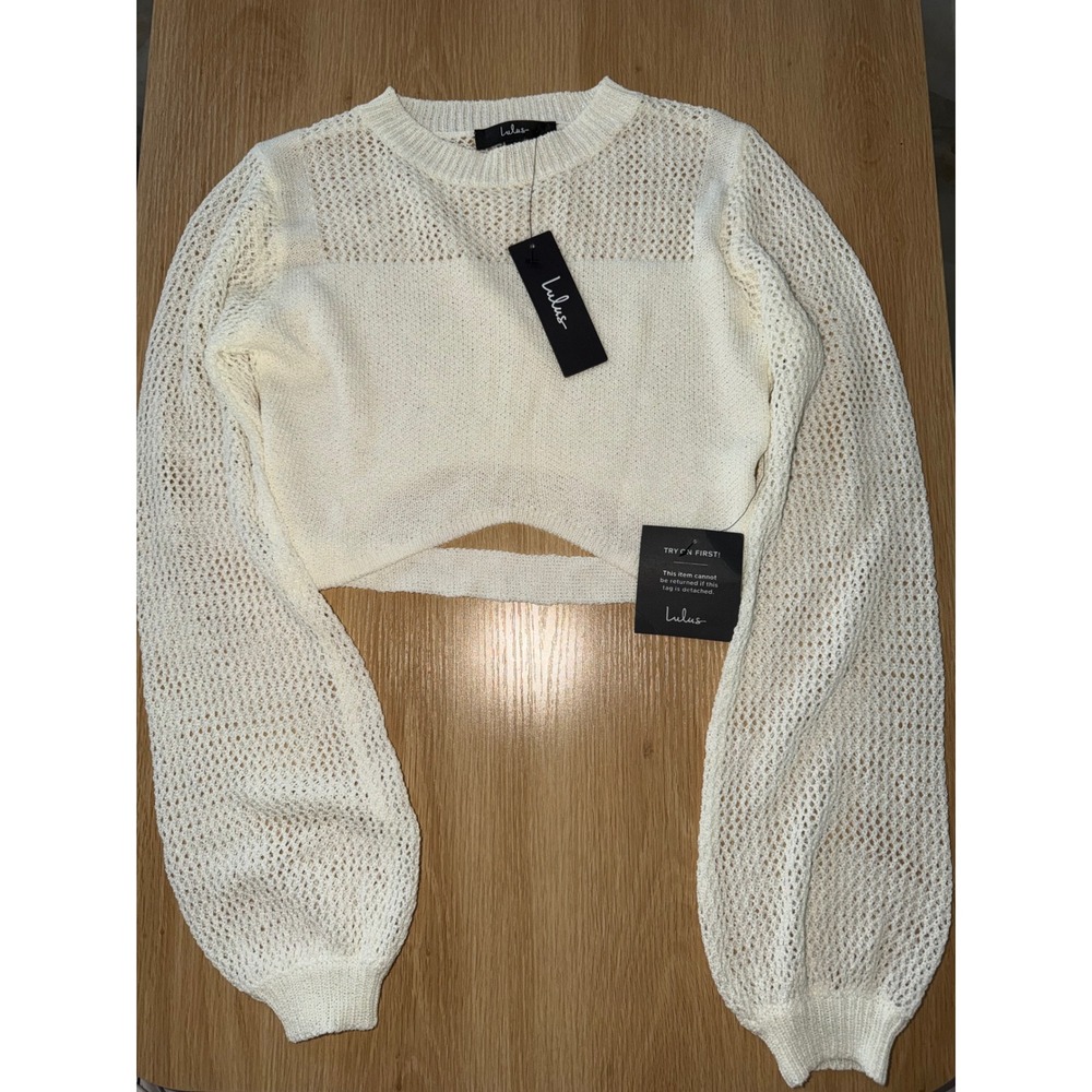 Lulus Ivory Open Knit Cropped Sweater Long Balloon Sleeve Cutout